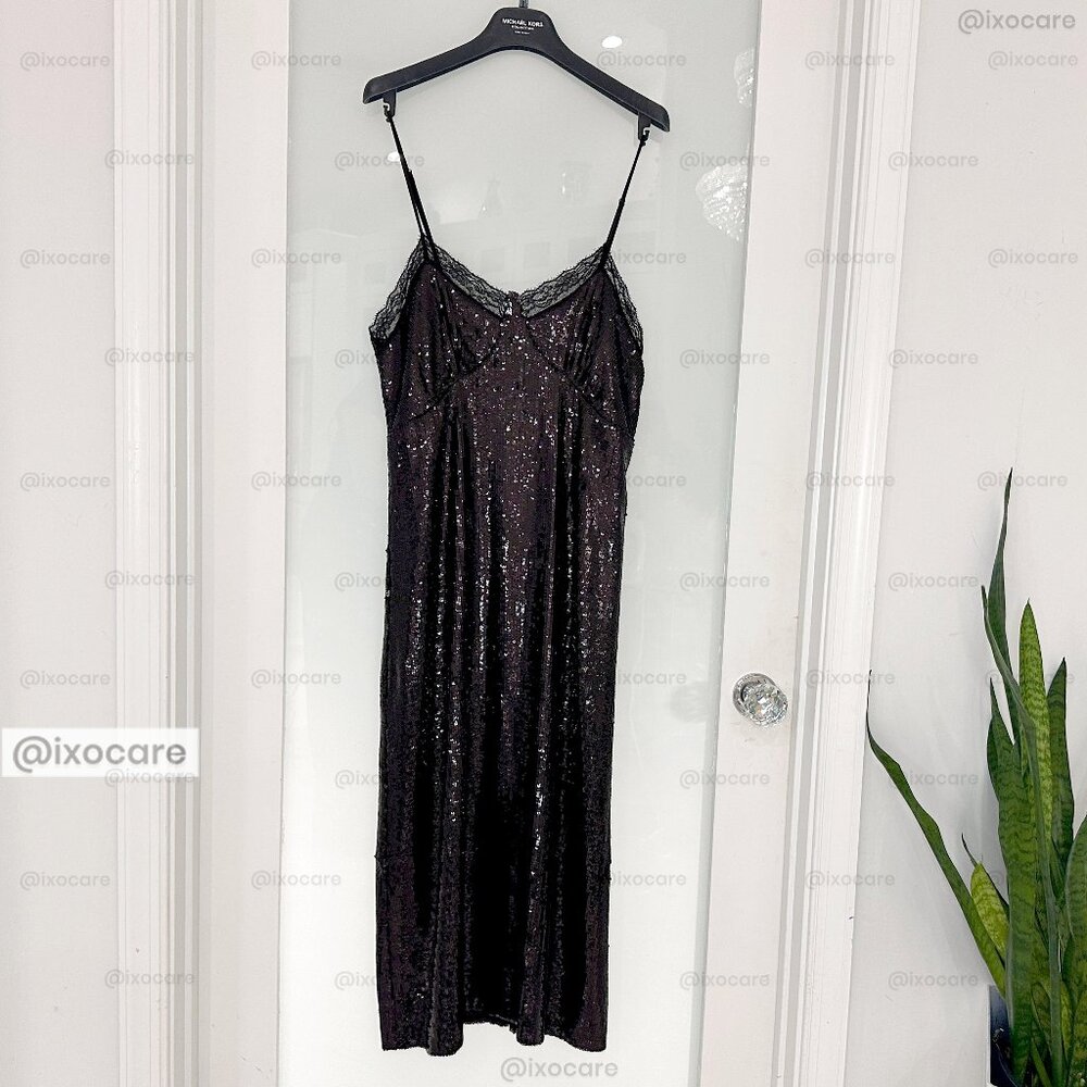 Michael Kors Collection Black Sequin Silk-Georgette Slip Dress | Size 8 [NWT]